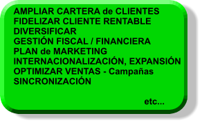 AMPLIAR CARTERA de CLIENTES FIDELIZAR CLIENTE RENTABLE DIVERSIFICAR GESTIÓN FISCAL / FINANCIERA PLAN de MARKETING INTERNACIONALIZACIÓN, EXPANSIÓN OPTIMIZAR VENTAS - Campañas SINCRONIZACIÓN				  		etc...